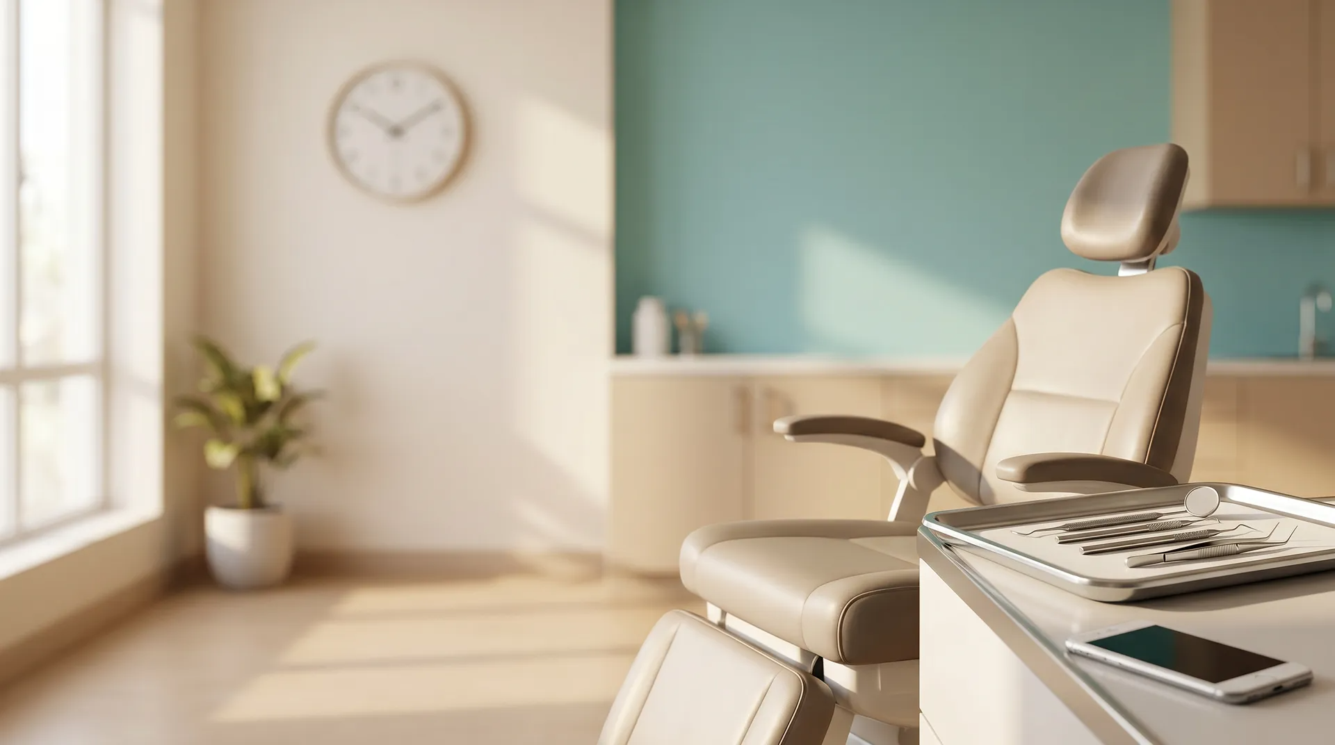 Dental office with dental chair in focus